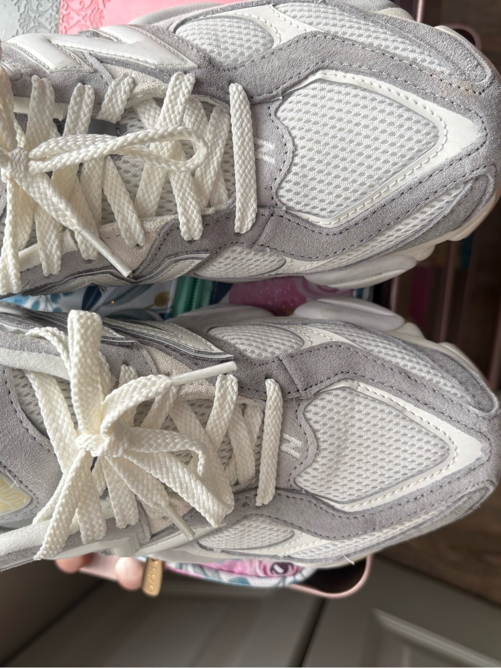 White and Light Gray Mesh Suede Sneakers